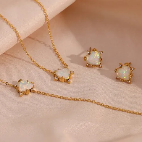 Vintage Edelstahl Herzform Künstlicher Opal Halskette Ohrringe Armband Gold Silber Plattiert Strass Schmuck Für Damen