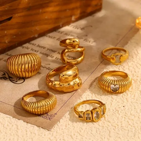 Anelli In Acciaio Inossidabile Placcato Oro 18K Vintage Croissant A Coste Cuore Zircone Geometrico Martellato Gioielli Per Donna