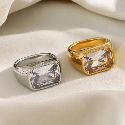 Bague En Acier Inoxydable Plaquée Or 18K Zircon Carré Minimaliste Géométrique Large Bande Bijoux Femmes