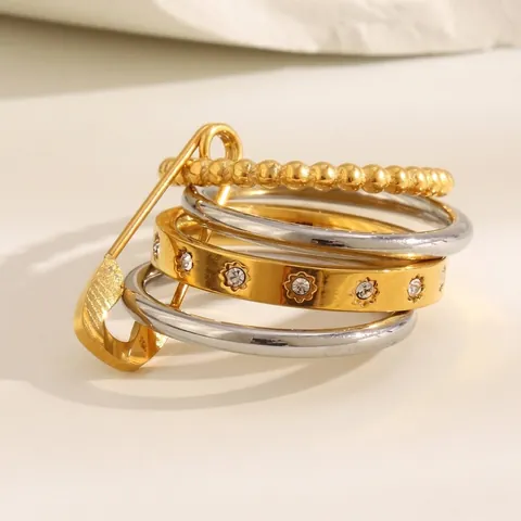 Stackable Rings 18K Gold Plated Stainless Steel With Zircon And Safety Pin Decorative Element For Women Niche Fashion Jewelry