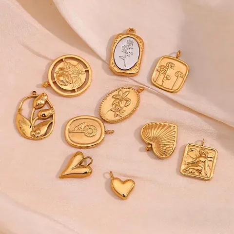 Vintage Edelstahl Anhänger 18K Vergoldet Blume Herz Engel Relief Für DIY Schmuckherstellung Zubehör