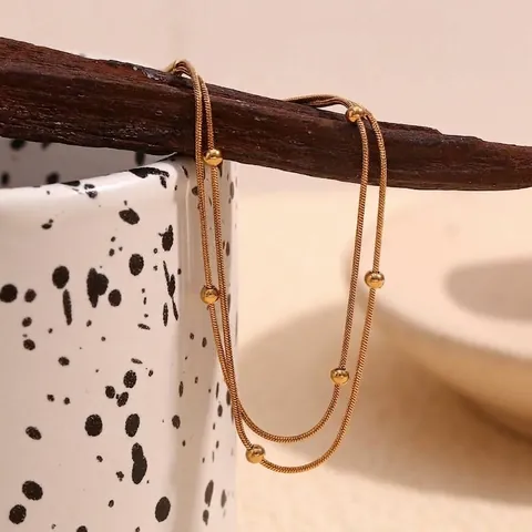 Double Layer Snake Chain Anklet Stainless Steel 18K Gold Plated Round Beads Minimalist Jewelry For Women Adjustable