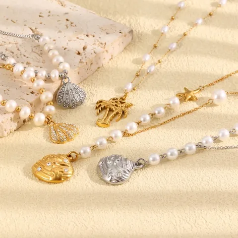 Ocean Style 18K Gold Plated Stainless Steel Shell Pearl Starfish Coconut Tree Pendant Necklace Bracelet For Women
