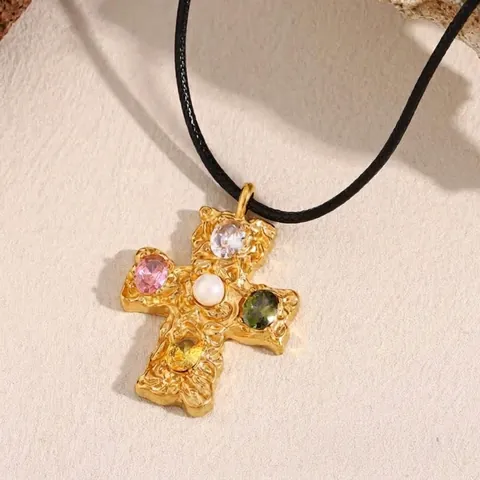 Hammered Cross Pendant Necklace 18K Gold Plated Stainless Steel With Colorful Gemstones Artificial Pearl Black Rope For Women