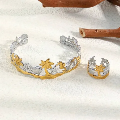 Oceaan Thema Roestvrij Staal 18K Verguld Holle Zeester Schelp Schildpad Palmboom Open Armband Ring Sieraden