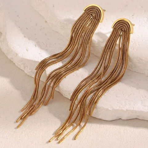 Pendientes Largos De Borla Para Mujer Acero Inoxidable Chapado En Oro De 18K Elegante Joyería De Cadena Colgante