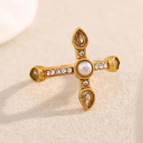 Cross Ring Gold Plated Stainless Steel Artificial Pearl Zircon Baroque Vintage French Design Elegant Aesthetic Jewelry Women