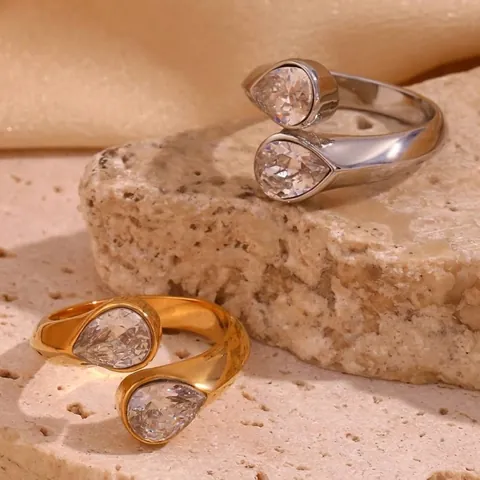 Verstelbare Open Ring 316L Roestvrij Staal 18K Verguld Dubbele Peervormige Zirkonia Waterdruppel Minimalistisch Voor Dames