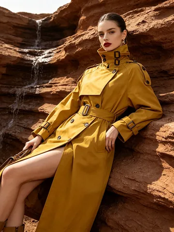 Damen Eleganter Langer Grabenmantel Zweireihiger Revers Windjacke Mit Gürtel Langarm Einfarbig Frühling Herbst Oberbekleidung