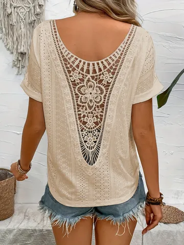 T-Shirt Boho Ajouré Crochet Floral pour Femme Été Dos en V Broderie Manches Courtes Haut Décontracté Plage Vacances