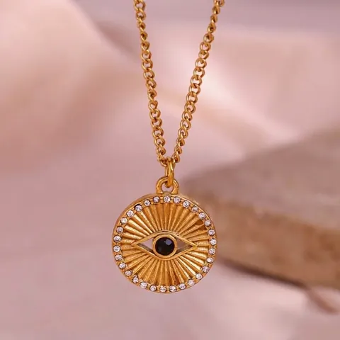 Evil Eye Munt Hanger Ketting 18K Verguld Roestvrij Staal Zwarte Rhinestone Zonnestraal Retro Minimalistisch Voor Vrouwen