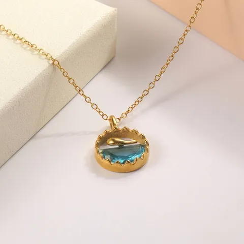 Collier Pendentif Queue De Baleine Océan Plaqué Or 18K Acier Inoxydable 316L Verre Bleu Rond Bijoux Pour Femmes