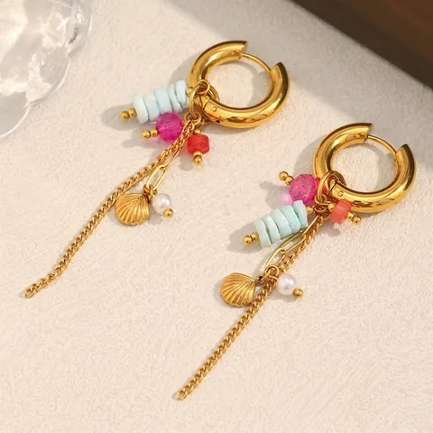 Edelstahl 18K Vergoldet Creolen Mit Naturstein Künstliche Perlen Muschel Und Quaste Für Damen Strand Schmuck