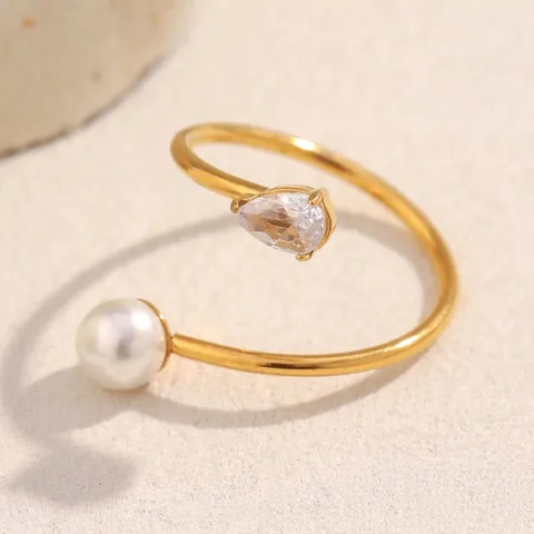 Asymmetric Open Snake Ring Stainless Steel 18K Gold Plated With Imitation Artificial Pearl And Teardrop Zircon For Women