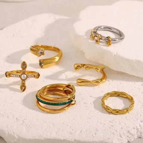 Anelli In Acciaio Inossidabile Da Donna Placcati Oro 18K Croce Stella Zircone Perla Artificial Intrecciato Multistrato Gioielli