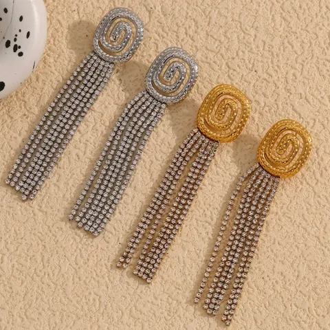 Vintage Tassel Drop Earrings For Women Stainless Steel 18K Gold Plated Hammered Spiral Long Rhinestone Dangle Jewelry