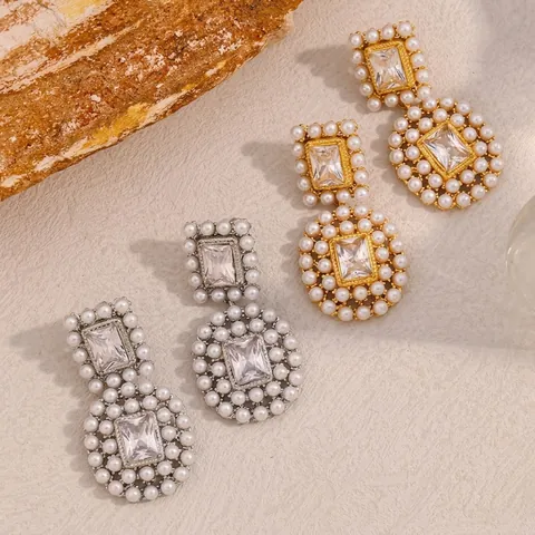 Retro Baroque Dangle Earrings For Women 18K Gold Plated 316L Stainless Steel Luxury Zircon And Imitation Artificial Pearl