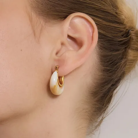 Chunky U-Shape Stainless Steel Hoop Earrings With Marble Resin Moon Style Fashion Jewelry For Women Everyday Accessory