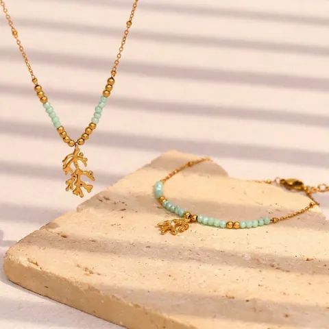 Stainless Steel 18K Gold Plated Coral Branch Necklace And Bracelet Green Natural Stone Beads Jewelry For Women