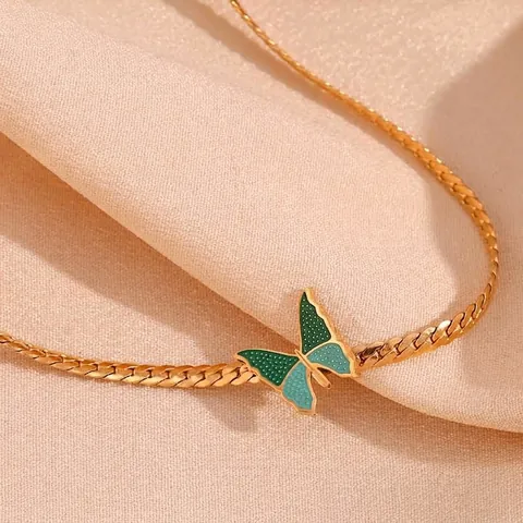 Stainless Steel 18K Gold Plated Butterfly Pendant Necklace For Women Blue Green Enamel NK Flat Chain Choker Fashion Jewelry