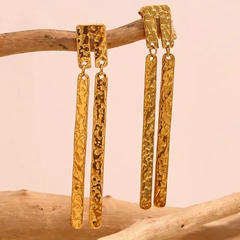 Pendientes Colgantes De Barra Larga Con Textura Martillada Acero Inoxidable Chapado En Oro Estilo Francés Vintage Joyería