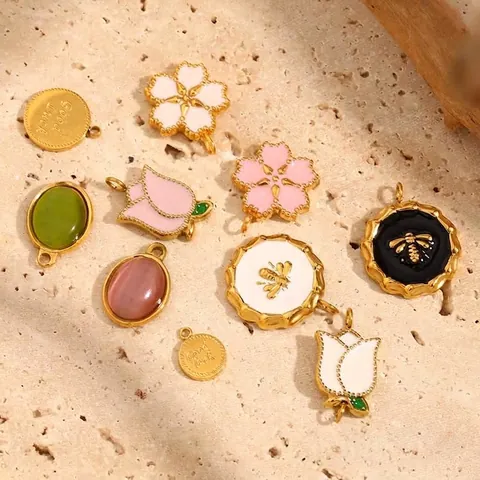 Stainless Steel Pendants 18K Gold Plated Flower Bee Good Luck Charms Enamel Oil Drop DIY Jewelry Making Accessories Women