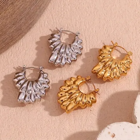 Stainless Steel Irregular Double Layer Petal Hollow Hoop Earrings 18K Gold Plated Textured Geometric Jewelry For Women