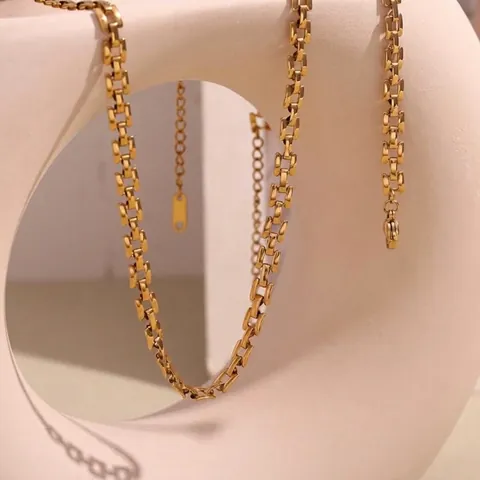 Stainless Steel Necklace 18K Gold Plated Rectangle Link Chain Minimalist Geometric Jewelry For Women Adjustable