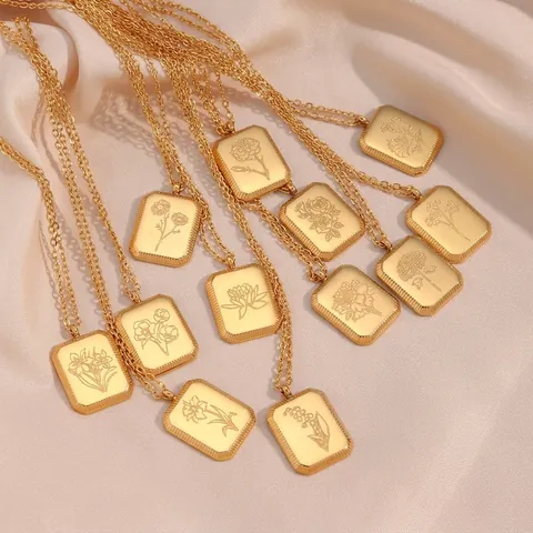 Edelstahl Gold Halskette Quadratisch Geburtsblume Relief Anhänger Vintage Mode Minimalismus Schmuck Für Frauen