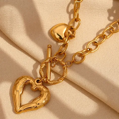 Edelstahl 18K Vergoldete Herz Anhänger Halskette Mit Knebelverschluss O-Kette Mode Nischendesign Für Damen