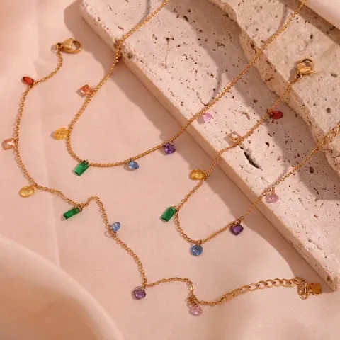 Colorful Zircon Stainless Steel Necklace Bracelet Anklet 18K Gold Plated Rainbow Gemstone Bohemian Jewelry For Women