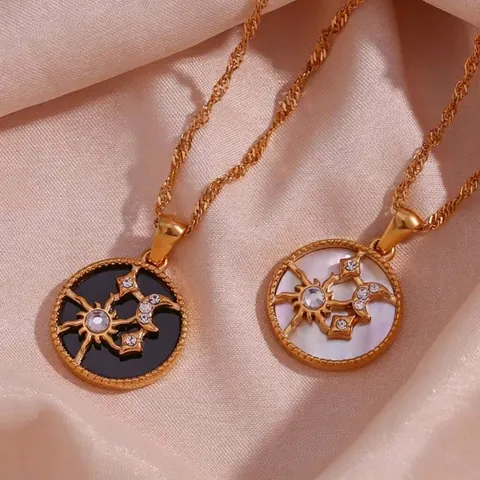 Collana Pendente Rotonda Sole Luna Stella Acciaio Inossidabile Placcato Oro 18K Con Madreperla Zircone Gioielli