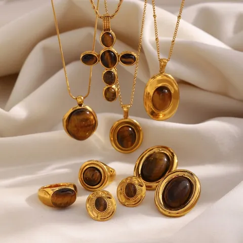 Boucles D'oreilles Collier Et Bague En Pierre Oeil De Tigre Vintage Bijoux En Acier Inoxydable Plaqué Or 18K Pour Femmes