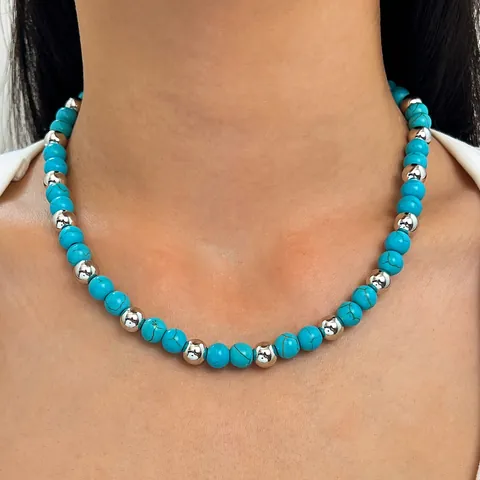 Bohemian Irregular Turquoise Beaded Necklace For Women Vintage Alloy Evil Eye Sun Heart Artificial Baroque Pearl Pendant Jewelry