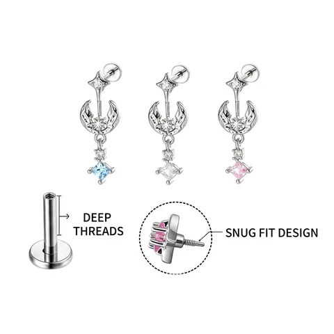 Titanium Internally Threaded Cartilage Piercing Stud Star Moon Anchor Pendant Rhombus Zirconia Ear Bone Stud For Women