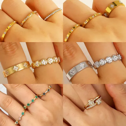 Stackable Stainless Steel Rhinestone Ring Set Elegant Gold Silver Plated Clover Geometric Fashion Finger Rings For Women
