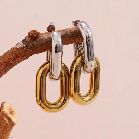 Pendientes Geométricos De Eslabones De Cadena Entrelazados Acero Inoxidable Chapado En Oro De 18K Tono Oro Plata Hueco Moda Mujeres