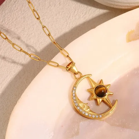 Stern Mond Anhänger Halskette 18K Vergoldet Edelstahl Tigerauge Zirkon Büroklammerkette Himmlisch Für Damen