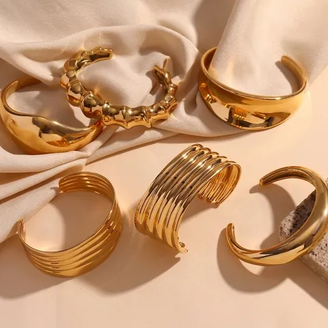 Minimalist Stainless Steel Open Bangle For Women Gold Silver Geometric Wave Bamboo Joint Multi Layer Wide Cuff Fashion Jewelry
