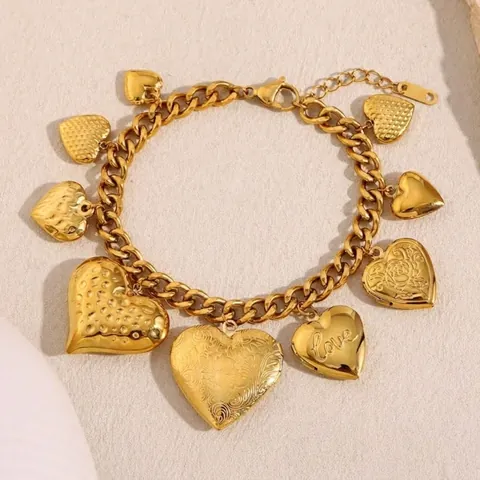 Roestvrij Stalen 18K Vergulde Multi Hart Bedelarmband Vintage Zware Schakelketting Liefde Gegraveerd Retro Sieraden