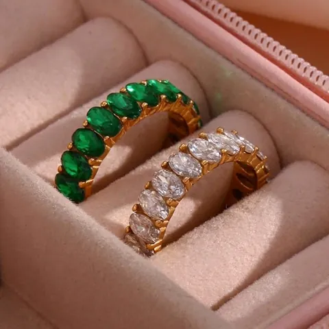 Anello Eternità In Acciaio Inossidabile Zircone Taglio Ovale Arcobaleno Colorato Verde Pietra Chiara Gioielli Moda Donna
