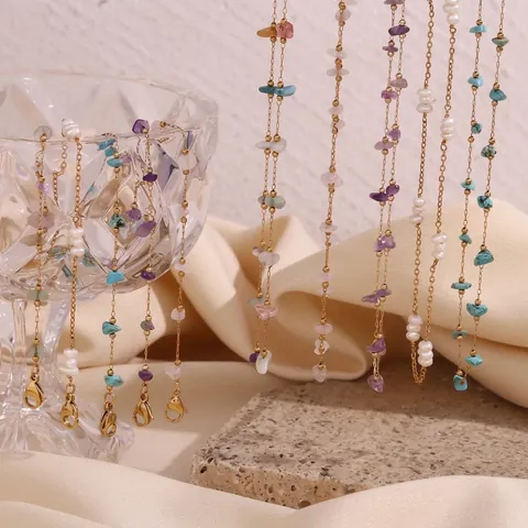 Stainless Steel Natural Stone Artificial Pearl Necklace Bracelet Gold Plated Bohemian Crushed Stone Chain For Women Jewelry