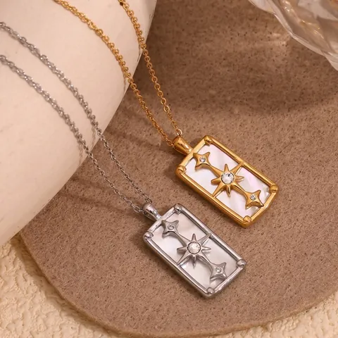 Edelstahl Nordstern Tarot Karte Anhänger Halskette Für Frauen 18K Vergoldet Perlmutt Zirkon Inlay Elegant