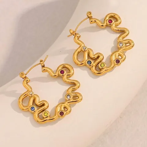 Irregular Wave Hoop Earrings Stainless Steel 18K Gold Plated Colorful Zircon Twisted Earrings For Women