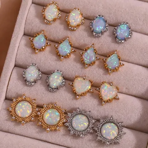 Vintage Edelstahl Künstlicher Opal Ohrstecker Für Damen Gold Silber Vergoldet Herz Sonnenblume Strass Eingelegter Schmuck