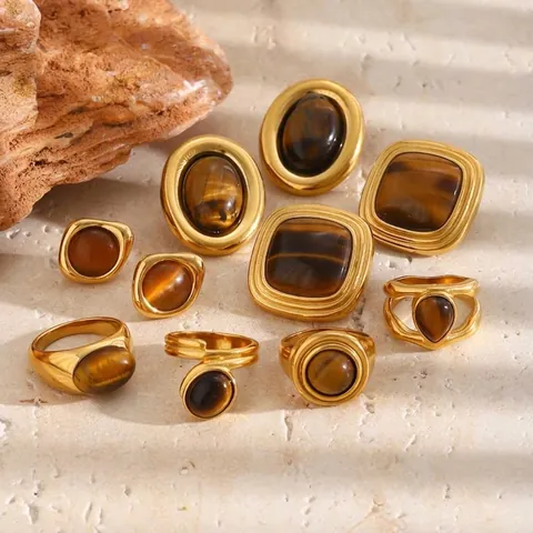 Retro Edelstahl 18K Vergoldet Tigerauge Ring Ohrstecker Set Für Damen Geometrischer Luxus Vintage Schmuck