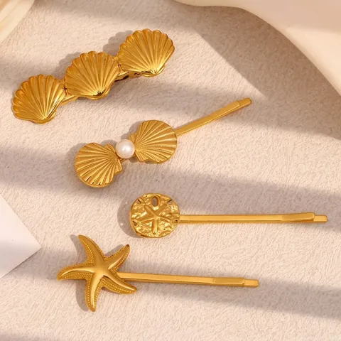 Molletta Per Capelli Tema Oceano Acciaio Inossidabile Placcato Oro 18K Stella Marina Conchiglia Perla Artificial Per Donne Accessori Moda
