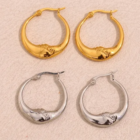Abstrakte Mondgesicht Creolen 316L Edelstahl 18K Vergoldet Geprägte Sichel Himmlischer Schmuck Für Frauen