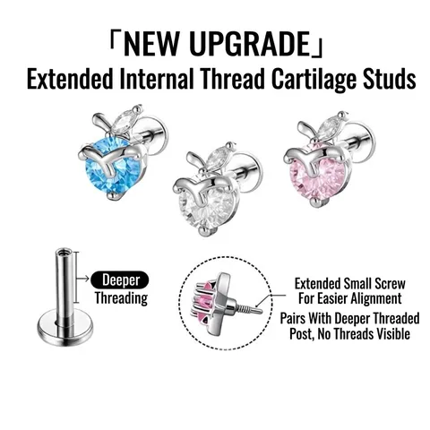 Sweet Apple Internally Threaded Cartilage Piercing Stud Earring Titanium Alloy Zirconia Inlaid Fruit Jewelry For Women Girls