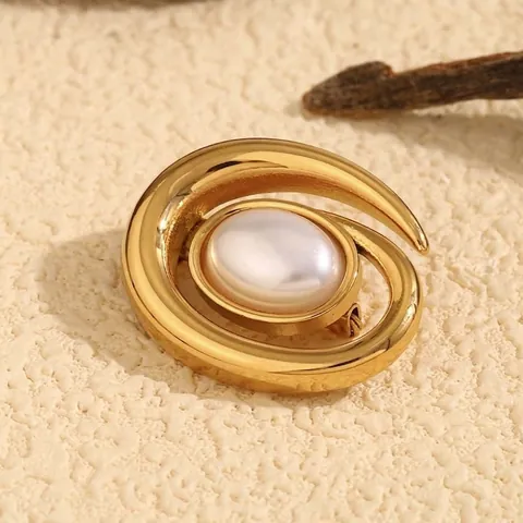 Spilla Ovale A Spirale Vintage Acciaio Inossidabile Placcato Oro 18K Con Perla Artificial Di Conchiglia Gioiello Minimalista